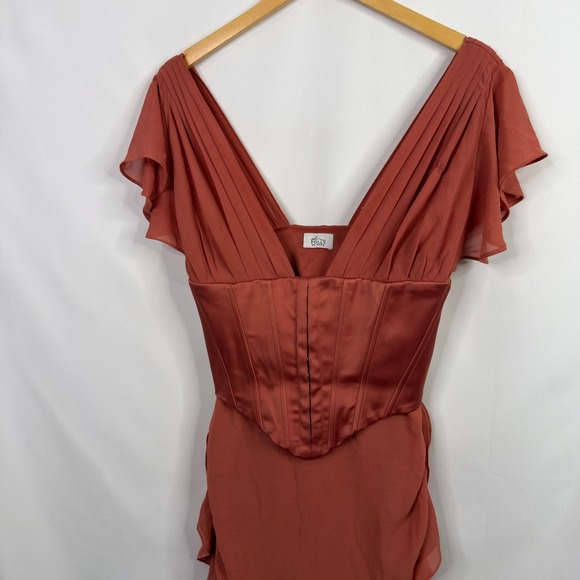 Oh Polly Cerise Draped Corset Zipper Terra-cotta V-Neck Mini Dress Size 6 - Picture 8 of 9